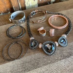 Jewelry Bundle Black Metal Chain Necklace Earrings Rings Cuff Bangle Bracelets
